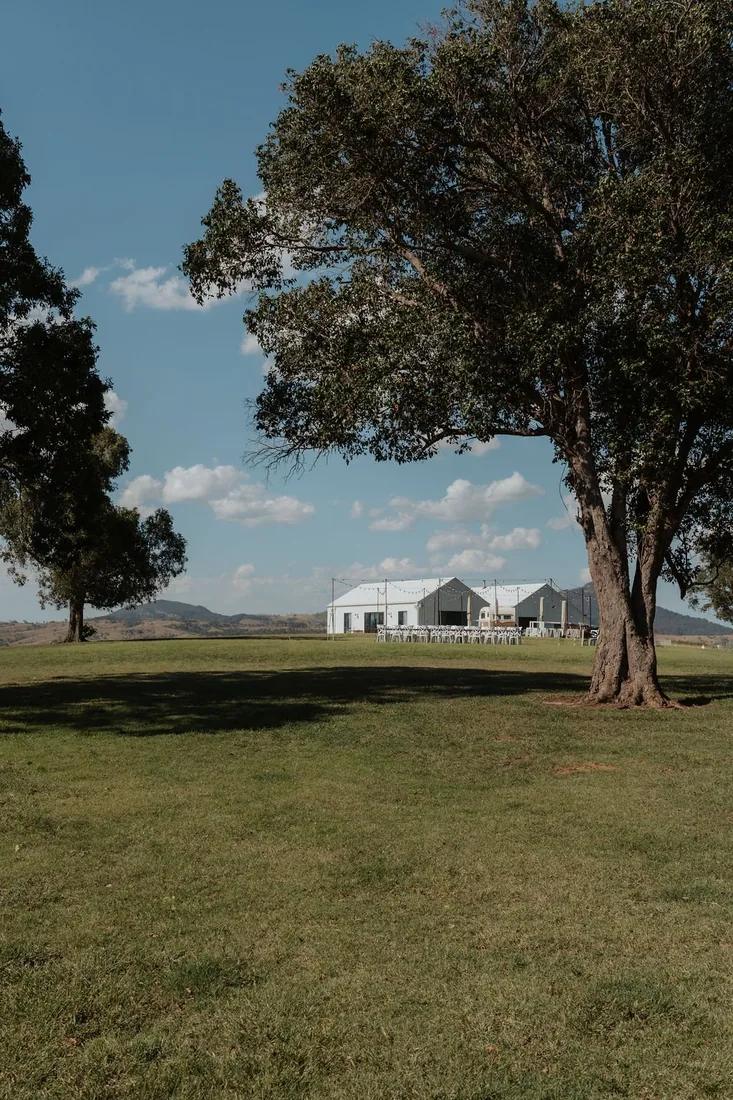 Guests seated for the ceremony beneath gum trees with Scenic Rim mountains in the distance