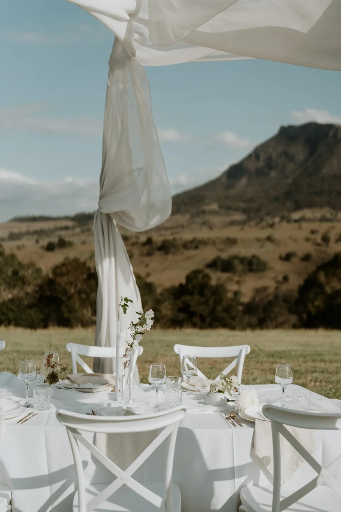 Bride smiling beside the sheer draped reception table, mountains in the distance