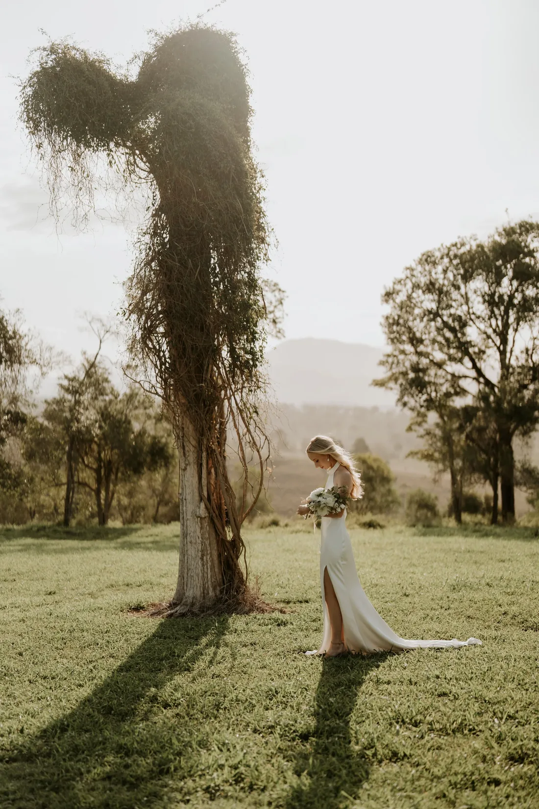 Bride standing beside a vine-draped tree in a fitted gown with a side slit
