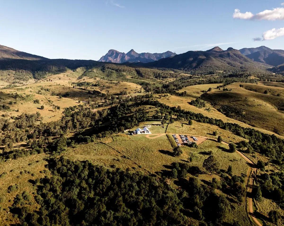 Aerial view of Maroon Hill nestled among the hills